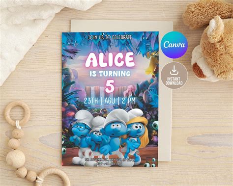 Editable Smurf Birthday Invitation Digital Printable Smurf Birthday