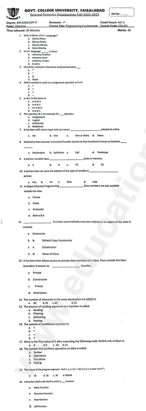 Programming Fundamentals BSCS GCUF Past Paper 2023 Education Hub