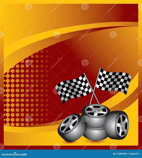 Racing Tires And Flags On Orange Halftone Template Stock Vector