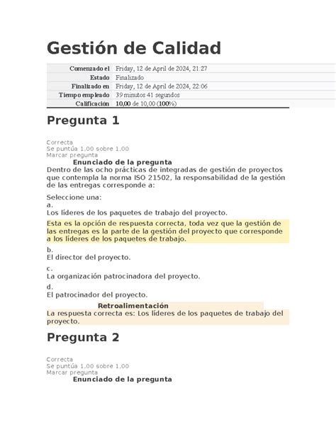 Evaluaci N Gesti N De La Calidad Gesti N De Calidad Comenzado El