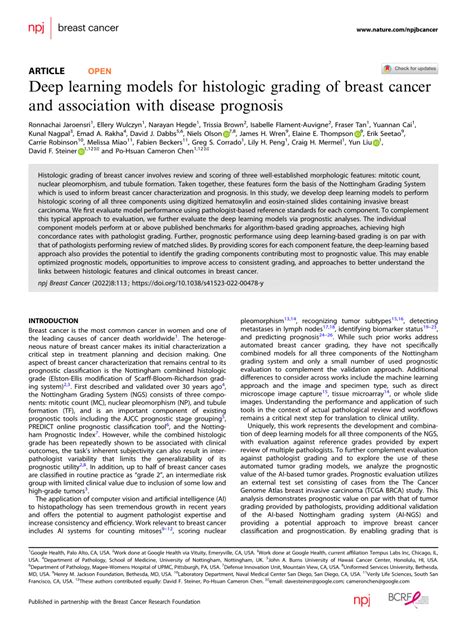 Pdf Deep Learning Models For Histologic Grading Of Breast Cancer And Association With Disease