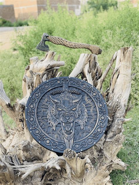 Medieval Viking Fenrir Shield And Axe Set Viking Round Shield Viking Wolf Shield Axe Wood Carved