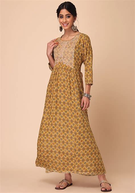 Buy Women Mustard Floral Print Muslin Anarkali Kurta Everyday Ethnic