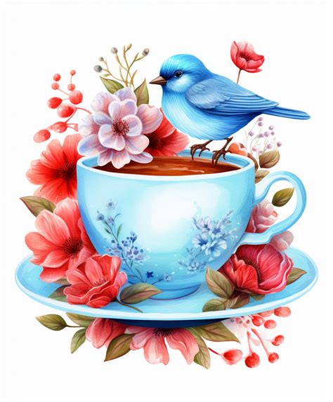 Teacup Songbird Floral Art Free Stock Photo Public Domain Pictures