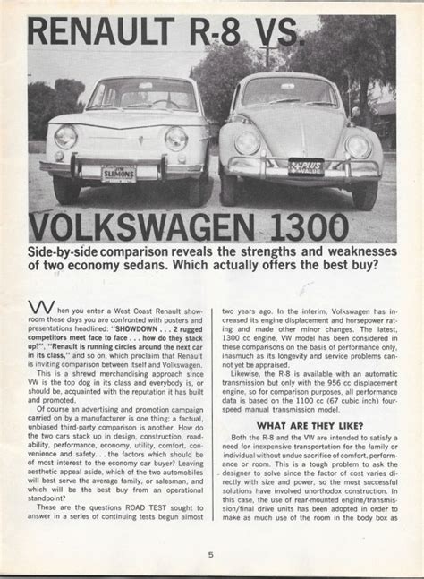 Vintage Road Test Vw Beetle Versus Renault R 8 March 1966 Road Test Magazine Compares Rear