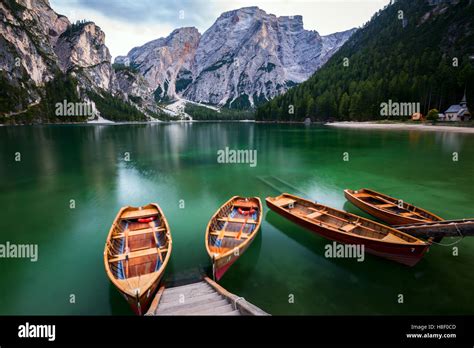 Boats On The Braies Lake Pragser Wildsee In Dolomites Mountains