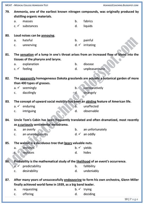 Adamjee Coaching MCAT English Vocabulary Mcqs For Medical Entry Test