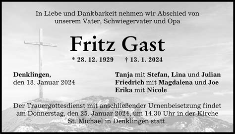 Traueranzeigen Von Fritz Gast Allg Uer Zeitung