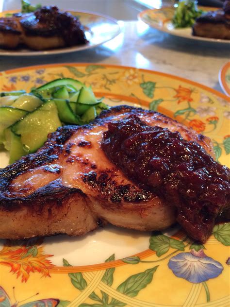 Brined Pork Chop with Cherry, Rhubarb Chutney and Zucchini Ribbons