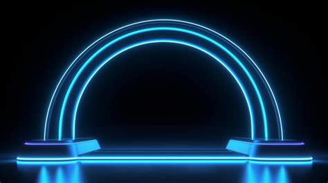 3d Rendering Of Sleek Tech Podium With Neon Arch And Blue Lighting In