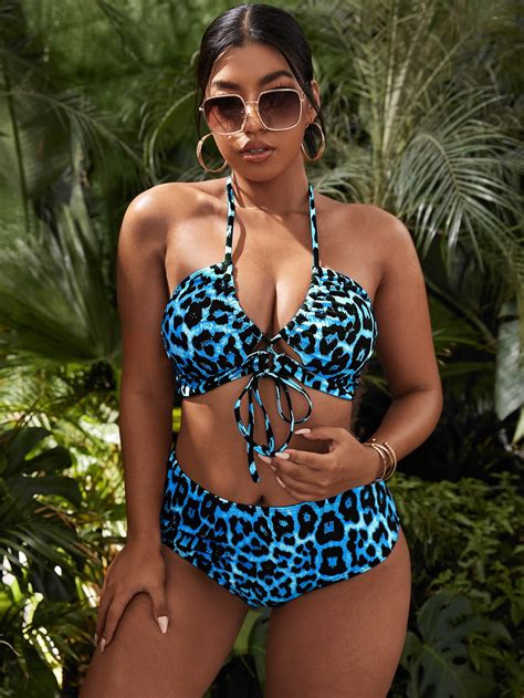 Plus Leopard Knot Front Halter Bikini Swimsuit SHEIN USA