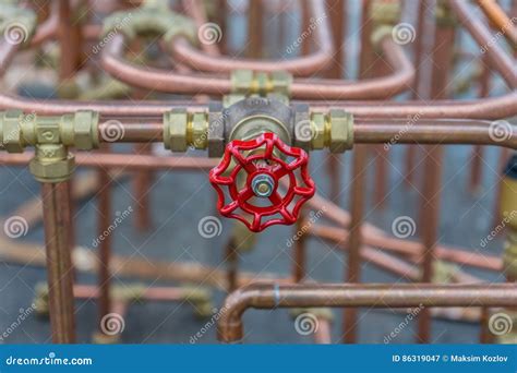 Red Valve On Copper Pipe Construction In Outdoor Stock Image Image Of