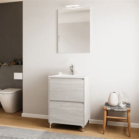 Mobile Bagno A Terra 60 Rovere Grigio Con Lavabo E Specchio LED Lisbona