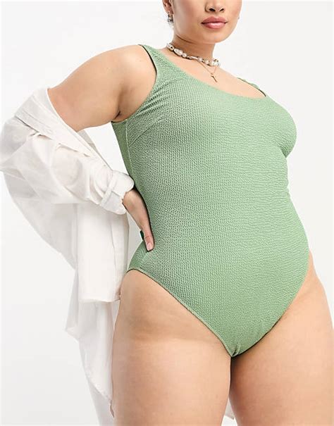 Asos Design Curve Crinkle Scoop Low Back Swimsuit In Khaki Asos