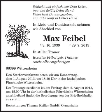 Traueranzeigen Von Max Feibel Saarbruecker Zeitung Trauer De