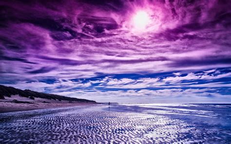 PURPLE SUNSET BLUE CLOUDS BEACH PURPLE OCEAN SKY SUNSET HD