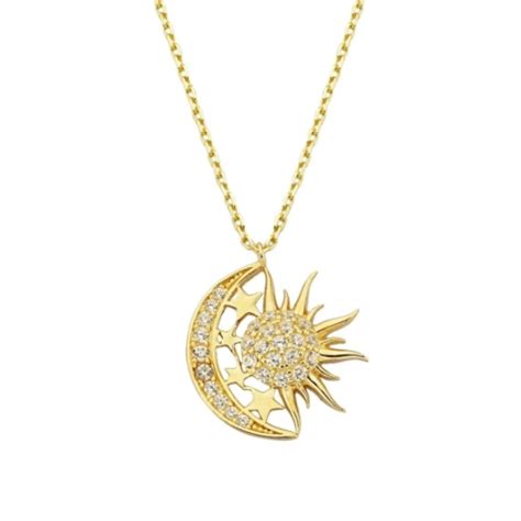 14k Gold Moon Star W Sun Necklace Cz Sun W Moon And Star Pendant Celestial Necklace Layered