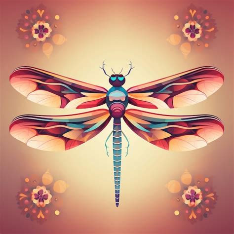 Brightly Colored Dragonfly With A Pattern Of Flowers And Leaves