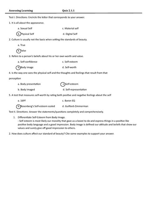 GE1 UNIT2 Quizes Understanding The Self Quiz Assessing Learning