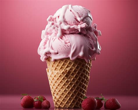 Um Cone De Waffle Sorvete Rosa E Morangos Vetor Premium