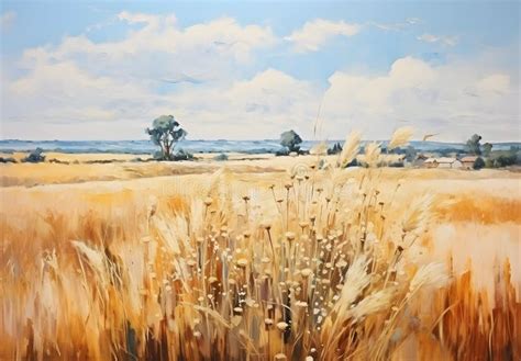 Oil Art Painting of Country Field in Vintage Stock Illustration ...