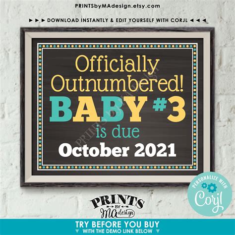 Baby #3 Pregnancy Announcement, Officially Outnumbered, PRINTABLE 8x10/16x20” Baby Number 3