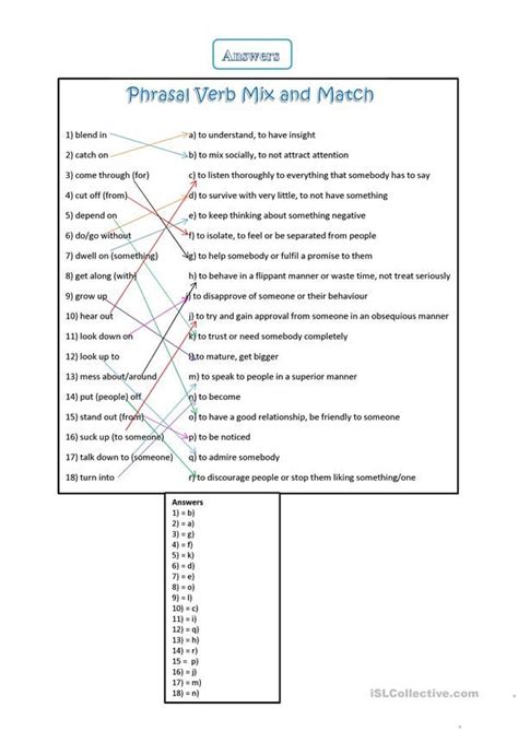 The Phrasal Verb Mix And Match Worksheet Is Shown In This Image