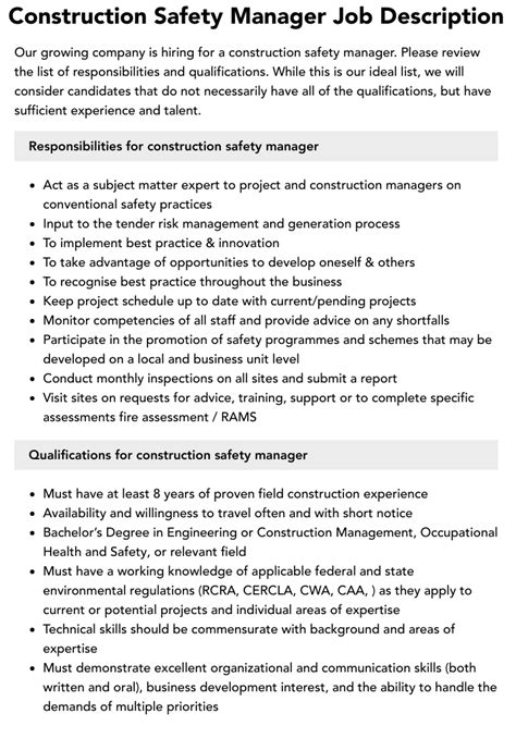 Construction Safety Manager Job Description Velvet Jobs