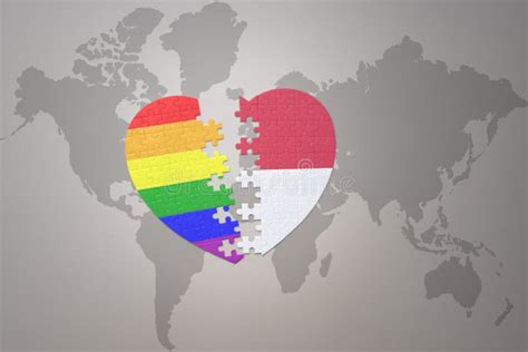 Puzzle Heart With The Rainbow Gay Flag And Indonesia On A World Map
