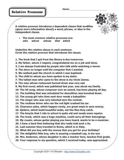 Relative Pronouns Worksheet Grade 4