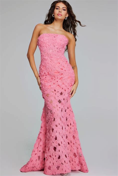 Pink Strapless Gown With Floral Lace Detailing 40744 Jovani