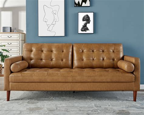 AMERLIFE Genuine Leather Sofa, 3-Seater Mid-Century Modern Comfortable ...