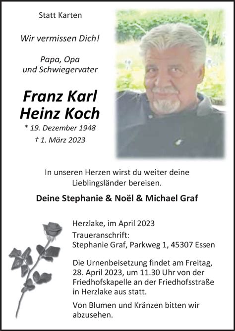 Traueranzeigen Von Franz Karl Heinz Koch Noz Trauerportal