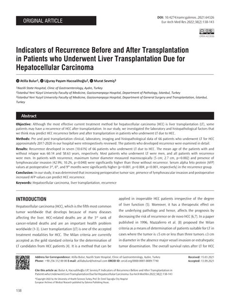 Pdf Indicators Of Recurrence Before And After Transplantation In Patients Underwent Liver