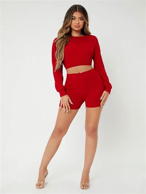 Shein Elastic Hem Crop Pullover And Shorts Set Shein Usa Clothes For