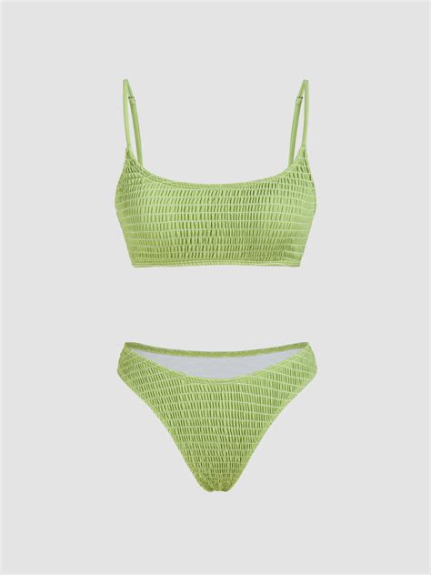 Solid Smocked Scoop Neck Bikini Swimsuit Cider