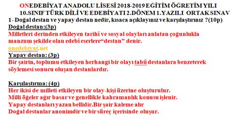 10 Sınıf Türk Dili ve Edebiyatı 2 Dönem 1 Yazılı Soruları 2019 2020