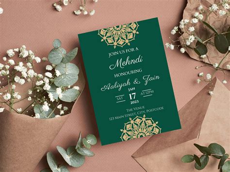 Editable Mehndi Invitation Green Mandala Henna Party Invitation Henna