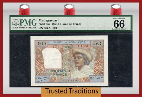 Welt Banknoten 50 FRANCS TT PK 45a 1950 1951 MADAGASCAR PMG 66 EPQ GEM