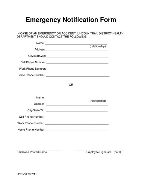 Health Department Employee Emergency Notification Form Templates At