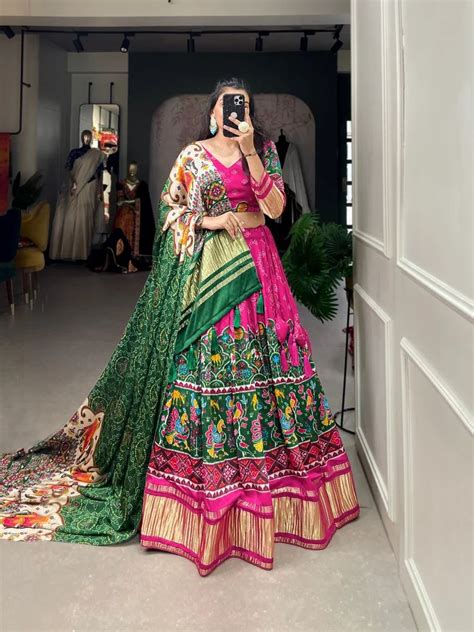 Pink Green Color Pure Gaji Silk Patola Designer Wedding Wear Lehenga