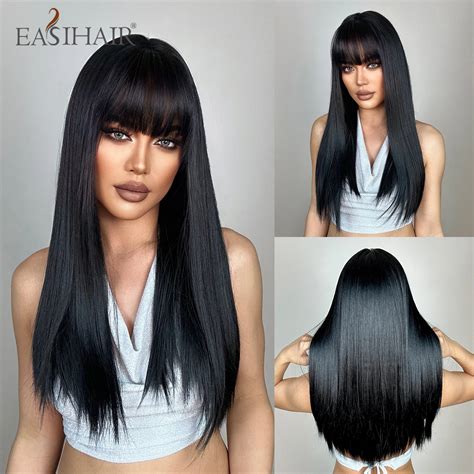 Easihair Black Long Straight Natural Synthetic Wigs For Women With Bangs Daily Wigs Cosplay Hair