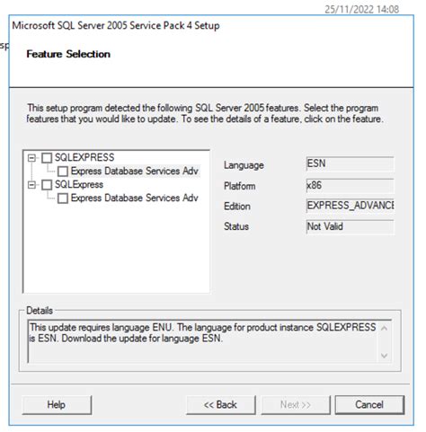 Unable To Apply Sql Server 2005 Sp4 Enu On Sql 2005 Esn Installation Database Administrators