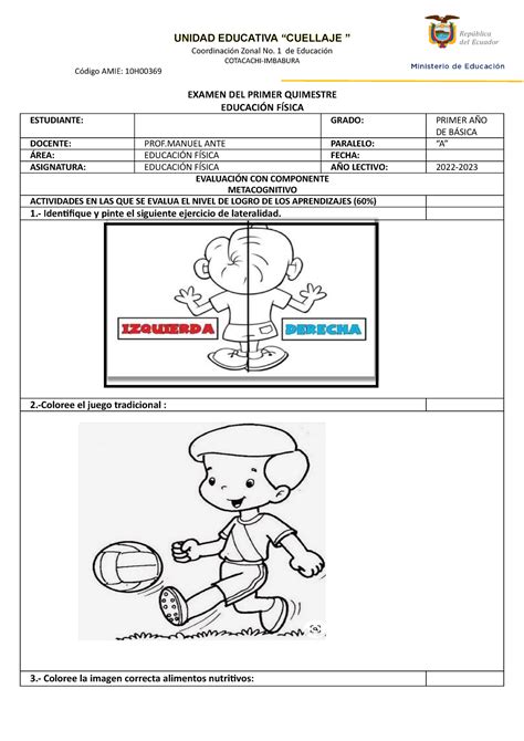 Cultur Fisica Examenes revisado EXAMEN DEL PRIMER QUIMESTRE EDUCACIÓN