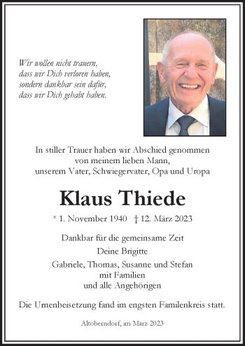 Traueranzeigen von Klaus Thiede Schwarzwälder Bote Trauer