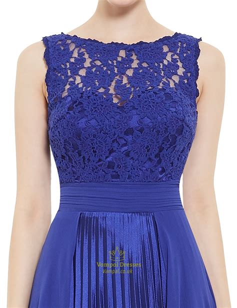 Elegant Royal Blue Lace Illusion Neckline Chiffon Long Bridesmaid Dress Vampal Dresses