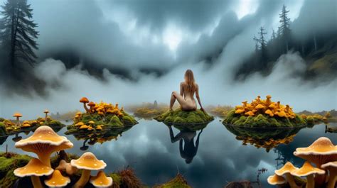 Enchanting Psychedelic Landscape Nude Woman Amidst Crystalline Blue