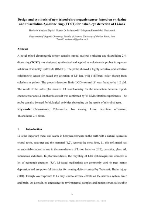 Pdf Design And Synthesis Of New Tripod Chromogenic Sensor Based On S