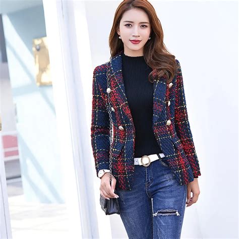 Autumn Winter New 2018 Runway Designer Women Red Plaid Jacket Double Breasted Lion Metal Buttons