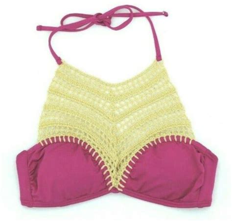 The Bikini Lab Womens Halter Crochet High Neck Bikini Swim Top Size